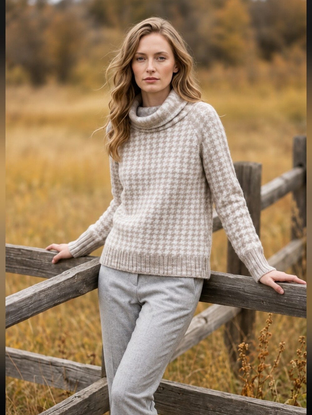 RD Style Soft Houndstooth Cowl-Neck Sweater in Taupe